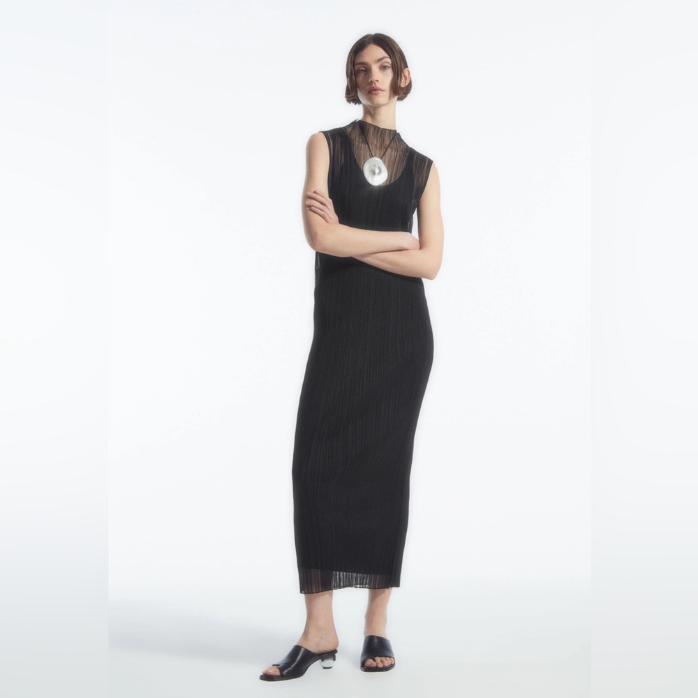 COS Sheer Plissé Midi Dress (Black) Size Large